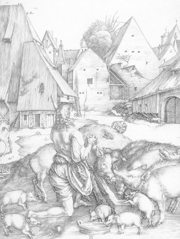 Ein 17. Jahrhundert Schwarzweißstich von Albrecht Dürer, der einen Mann zeigt, der Schweine in einem Dorf füttert, mit Häusern, Bäumen und einem Wagen im Hintergrund.