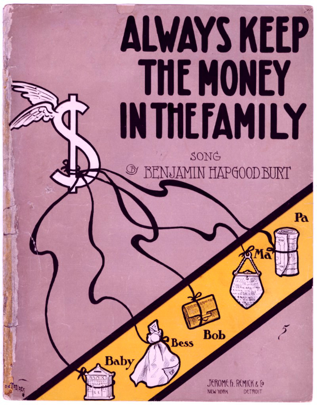 Ein Plakat mit der Aufschrift "Immer das Geld in der Familie lassen" in fetter schwarzer Schrift auf weißem Hintergrund, mit einer bunten Illustration einer strahlenden Familie von vier Personen, die im Kreis unter einem hellblauen Himmel mit weißen Wolken stehen.