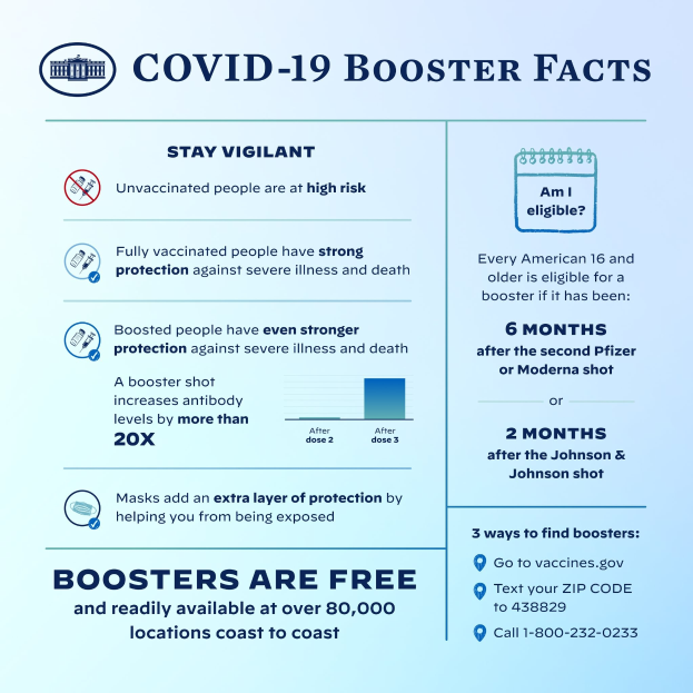 Ein Plakat mit der ├ťberschrift "Covid-19-Booster-Fakten" mit Text und Bildern, darunter ein Grafik einer Person mit Mund-Nasen-Schutz, die Virusstatistiken, Risiken und Vorsichtsma├čnahmen er┼é├Ąutert.