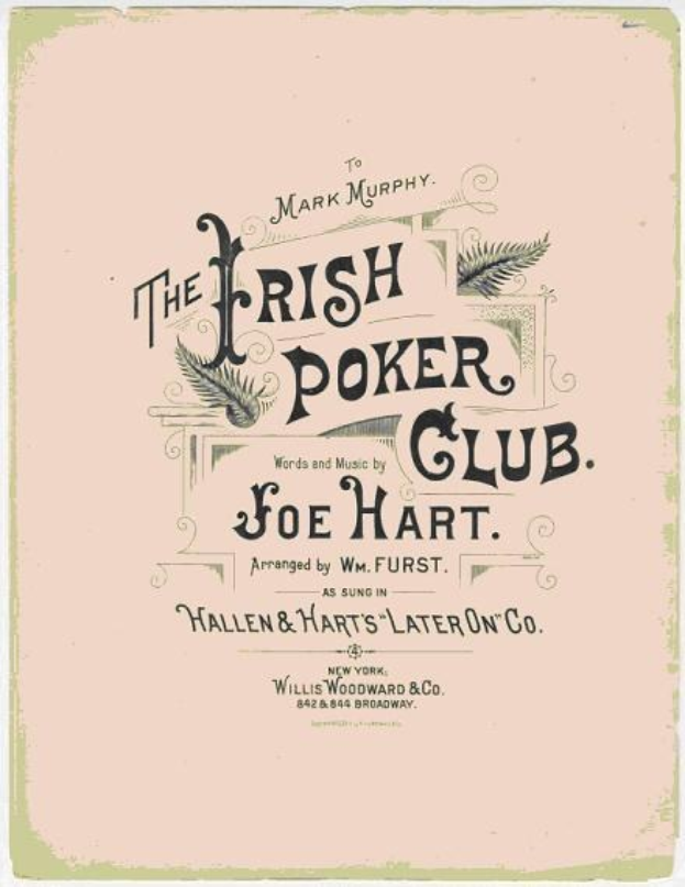 Plakat mit "The Irish Poker Club" in fetter schwarzer Schrift auf einem weißen Hintergrund, eingerahmt von einem schmalen schwarzen Rand, mit einer farbenfrohen Kleeblatt-Illustration.