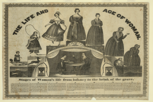 Ein farbenfrohes, detailliertes Papier, das die Lebensphasen von Frauen von der Kindheit bis ins hohe Alter zeigt, mit fetter Schrift, die die Reise betont.