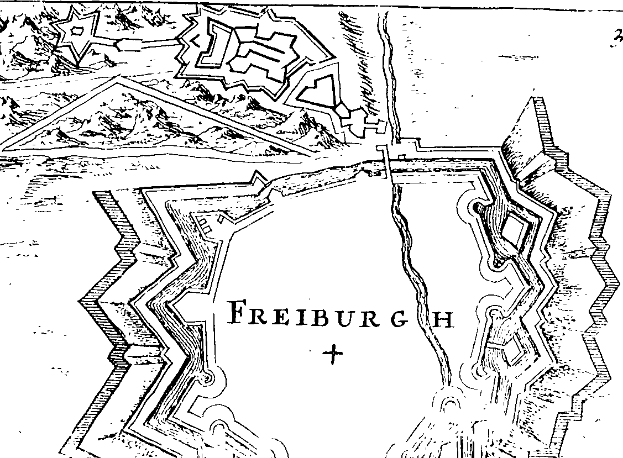 Ein detaillierter Schwarz-Weiß-Plan von Freiburg, Deutschland, mit Straßen, Gebäuden, Sehenswürdigkeiten und Textanmerkungen.
