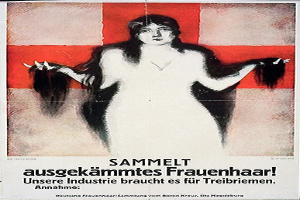 Ein deutsches Propagandaplakat mit einer Frau mit langen Haaren, mit Text, der Informationen über sie enthält.