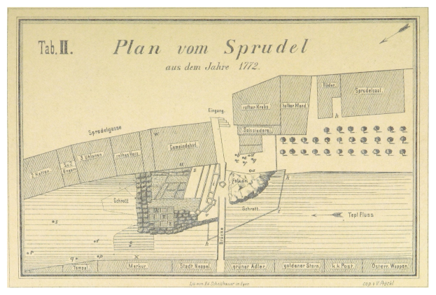 Ein Plakat mit einem detaillierten Stadtplan von Spruidel, Deutschland, sowie begleitendem Text.