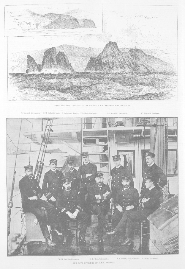 Gruppe von Männern in Mützen auf einem Boot sitzend mit umliegenden Bergen, Wasser und Himmelbildern und Text unten.