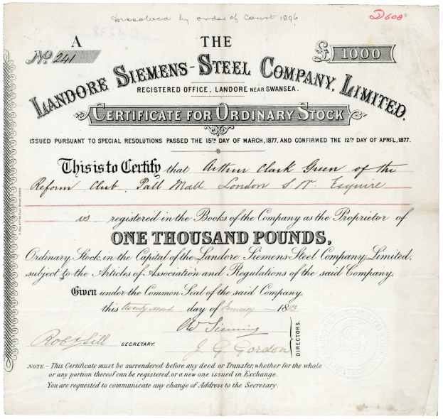 Ein Papierzertifikat für Inhaberaktien der Landore Siemens Steel Company Limited, das den Namen, die Adresse und weitere Details der Gesellschaft anzeigt.