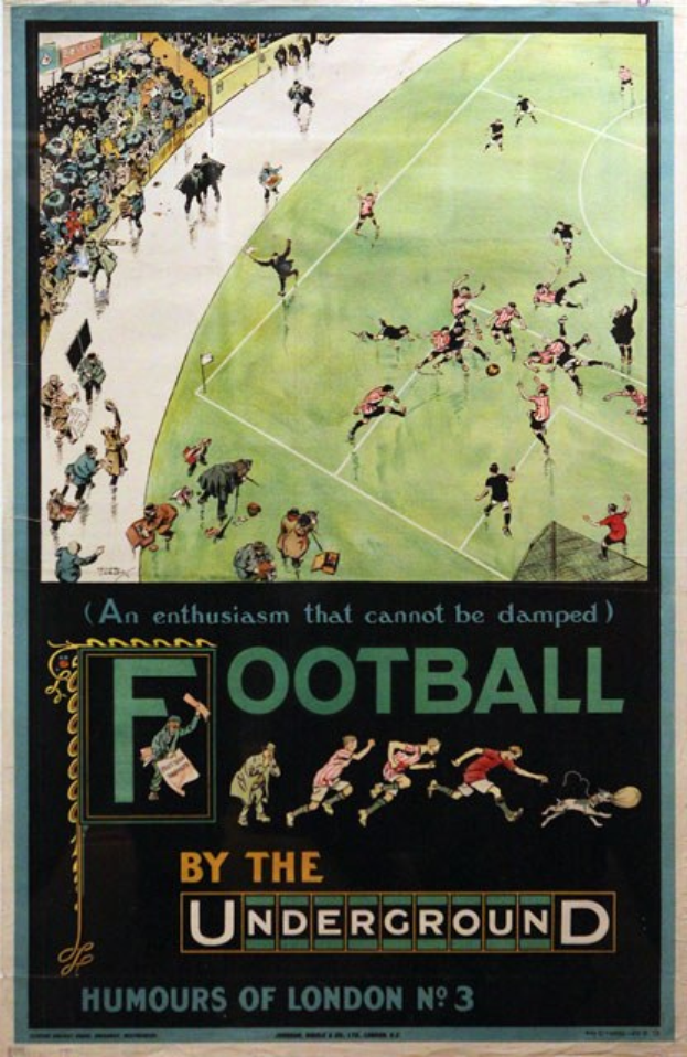 Ein Vintage-Plakat, das ein Fußballspiel ankündigt und den Titel 'Fußball unter der Erde - Londoner Humor Nr. 3' trägt, zeigt eine Zuschauermenge in einem Stadion.
