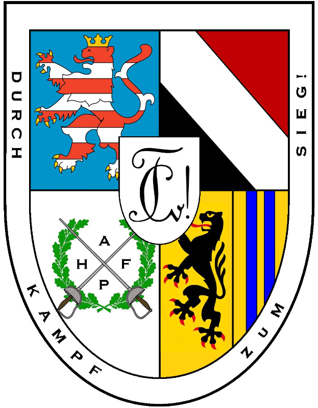 Das Wappen von Stuttgart zeigt zwei Löwen, die einen Schild mit einer Krone flankieren, ein Banner mit 'Stuttgart' in der Mitte, einen Lorbeerkranz um den Schild und ein rotes und weißes Karomuster oben.