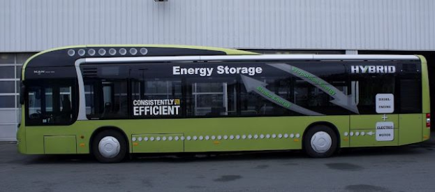 Ein grüner Elektrobus vor einem Gebäude mit einer Energiespeicheranlage im Hintergrund.
