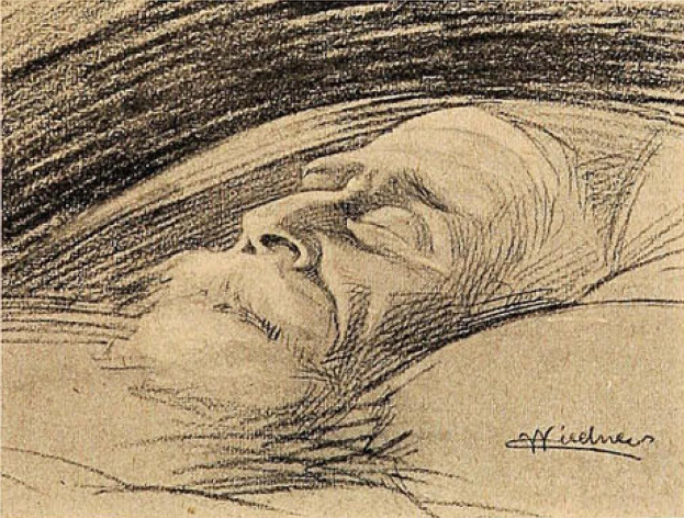 Ein Mann, der friedlich auf einem Bett schläft, mit dem Kopf auf seinem Arm und geschlossenen Augen, mit Text auf dem Papier, der seine Merkmale beschreibt.