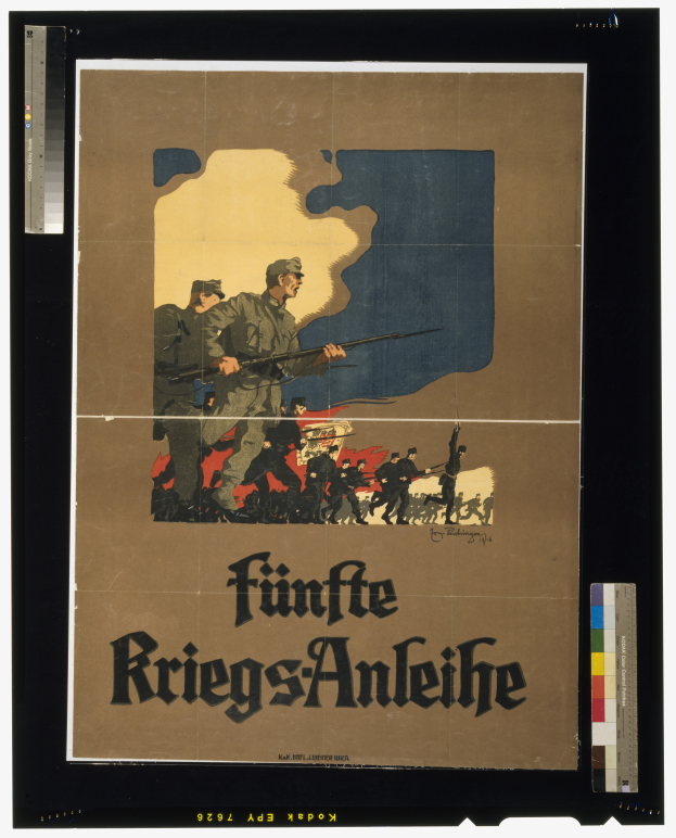 Ein Vintage-Propagandaplakat in einem Rahmen, das eine Gruppe von uniformierten Soldaten zeigt, die Gewehre halten und entschlossene Gesichter haben, um die deutsche Armee zu fördern.