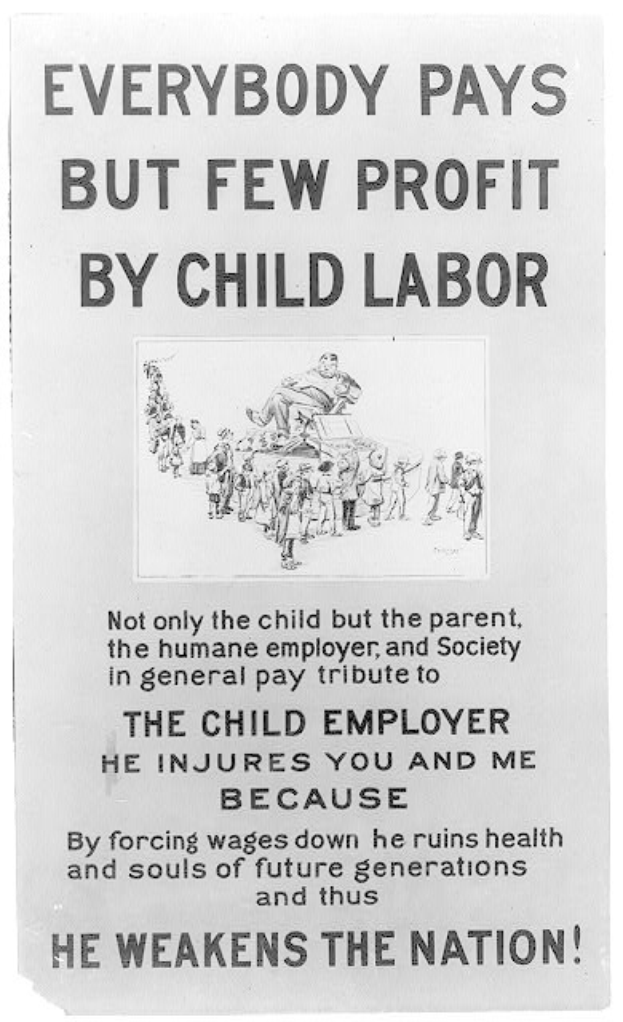 Schwarzes und weißes Plakat mit dem Text "Jeder zahlt, aber wenige profitieren von Kinderarbeit" zeigt eine Gruppe von Menschen, die gegen Kinderarbeit in den USA kämpft.