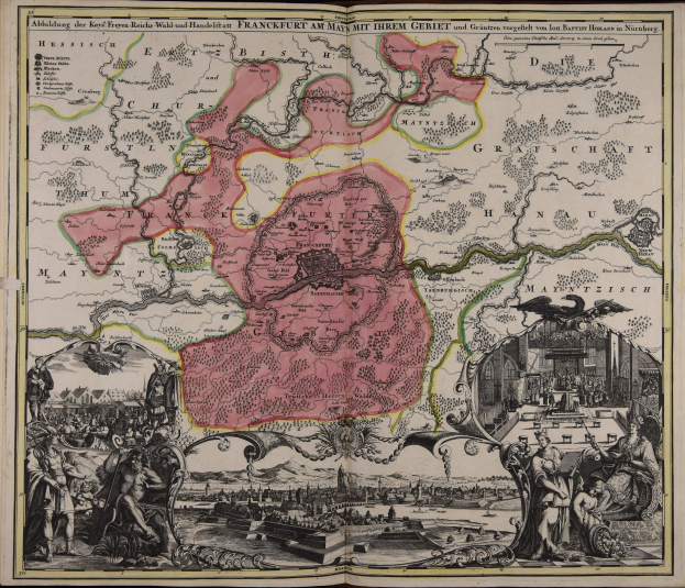 Ein altes Buch mit einer Deutschlandkarte in der Mitte, umgeben von Illustrationen und Text, vermittelt einen klassischen Eindruck.