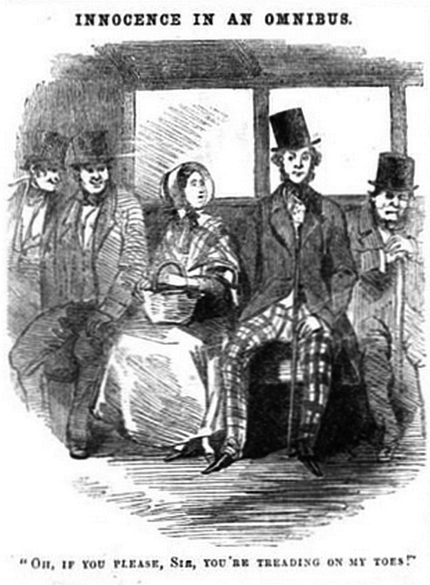 Eine Gruppe von Menschen in einem Zug, mit einer Frau in einem langen Kleid und Hut, die einen Korb in der Mitte hält, umgeben von besorgten Passagieren, mit Text, der 'Unschuld in einem Omnibus' oben und unten zeigt.