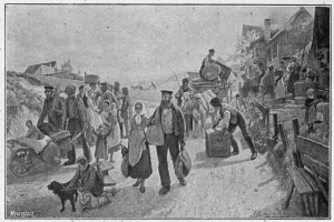 Eine Gruppe von Menschen, einige mit Taschen, geht einen Schotterweg entlang mit einem Hund und einem von einem Pferd gezogenen Wagen, im Hintergrund sind Häuser und ein klarer Himmel zu sehen; der Text unten lautet "Deutsche Flüchtlinge in Deutschland".