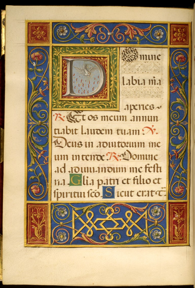 Ein aufgeschlagenes Buch mit einer illuminierten Handschrift, das einen großen Buchstaben 'D' zeigt, umgeben von detaillierten Entwürfen und Texten, in leuchtenden Farben und detailreichen Darstellungen.
