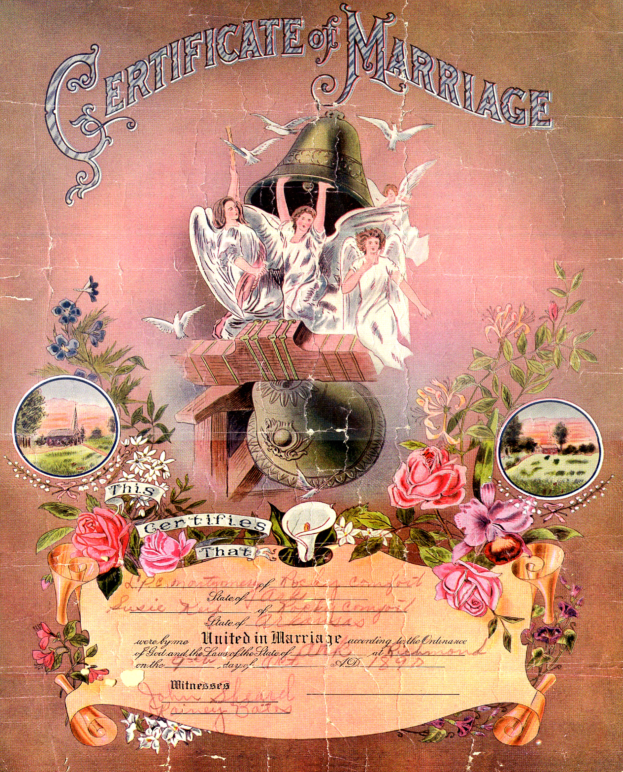 Ein altes Heiratsurkunde mit einem Bild eines Mannes und einer Frau, geschmückt mit Blumen, Blättern, Vögeln und anderen Gegenständen, mit der Aufschrift "Heiratsurkunde".