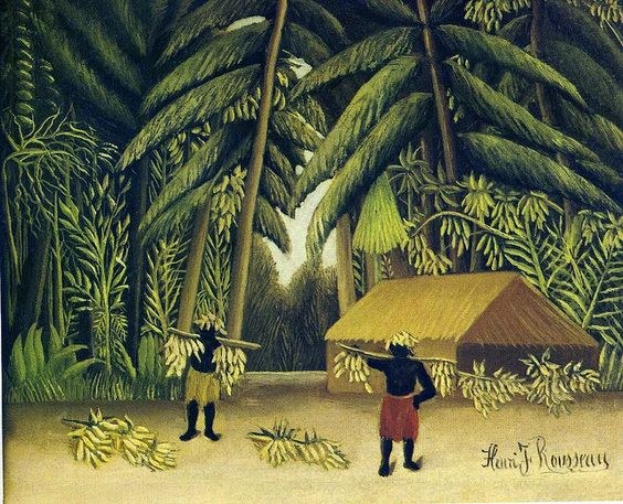 Gemälde 'Bananen-Ernte' von Henri Rousseau zeigt zwei Männer, die Bananenbündel vor einer Hütte mit Bäumen und einem klaren blauen Himmel tragen.