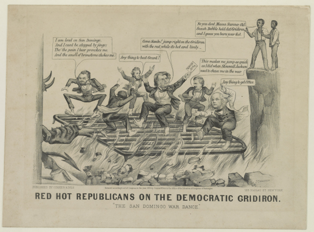 Politischer Cartoon zeigt rote Figuren in Not auf einem Gitter mit schwarzer, fetter Schrift