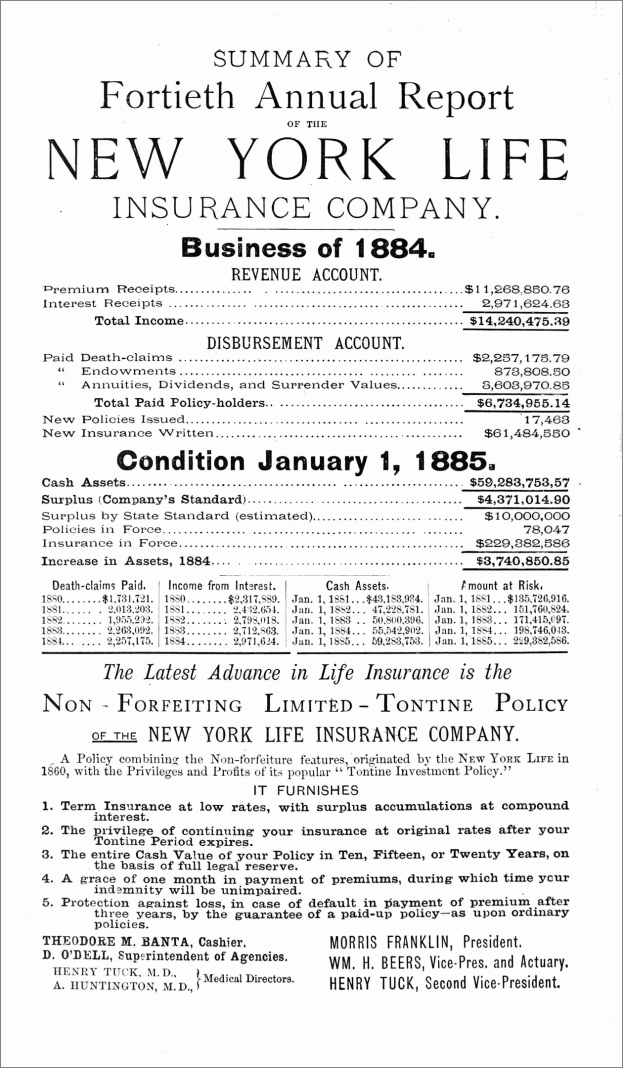 Schwarzes und weißes Papier mit der Aufschrift "New York Life Insurance Company, Geschäft von 1884", das den Jahresbericht des Unternehmens von 1884 zusammenfasst.