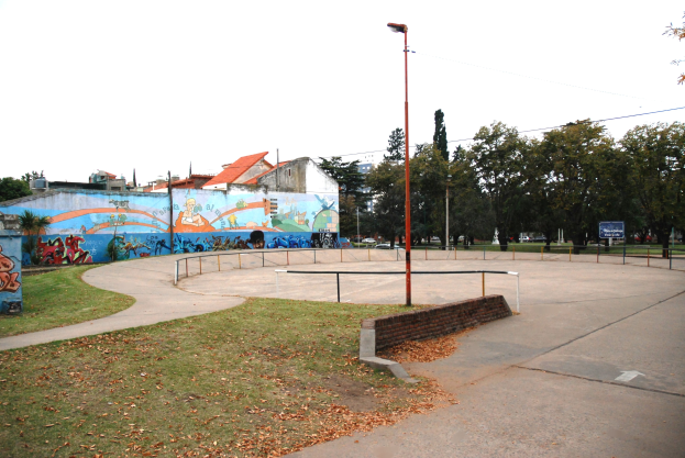 Ein Skatepark mit einer Wandmalerei an einem Gebäude, umgeben von Gras, trockenen Blättern, Laternenmasten, Geländern und einer bemalten Wand, vor einem Hintergrund aus Bäumen, Gebäuden, Fahrzeugen und Himmel.