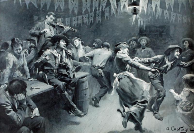 Ein Schwarz-Weiß-Gemälde von Menschen, die in einem Raum tanzen, einige sitzen, einige stehen, mit einem Tisch, einem Fass und einer hängenden Lampe, mit dem Wasserzeichen "A.C. Castaigne - Der Tanz der Toten" in der rechten unteren Ecke.