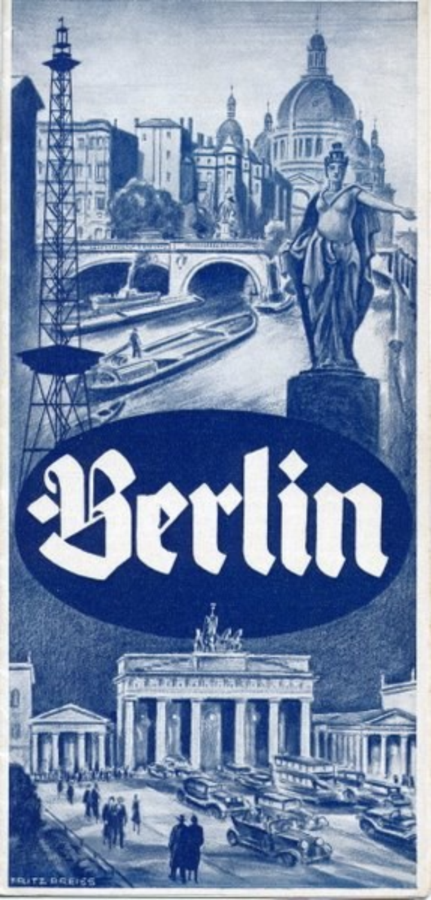 Plakat wirbt für Berlin, Deutschland, mit einer Statue, historischen Gebäuden, einem Turm, Menschen, Fahrzeugen auf einer Straße und einer Brücke, sowie Text, der Stadtinformationen enthält.