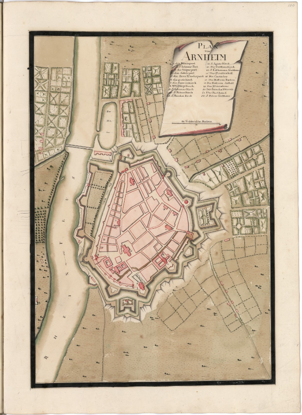 Ein altes Buch mit einem detaillierten Stadtplan von Arnheim, Deutschland, mit Straßen, Gebäuden und Sehenswürdigkeiten.