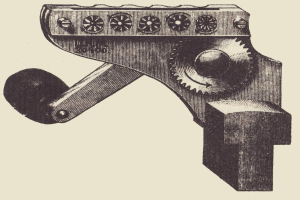 Eine Schwarz-Weiß-Zeichnung einer Maschine mit einem Rad, das zum Formen von Metall verwendet wird.