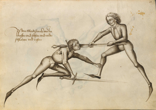 Eine Zeichnung von zwei Männern, die mit Schwertern kämpfen, auf einem Blatt Papier mit Text.