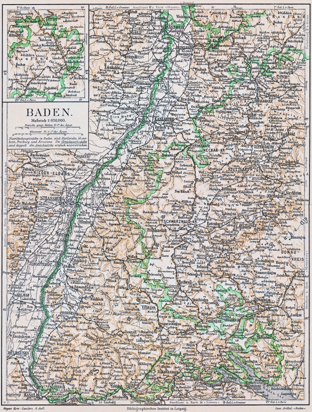 Ein alter Stadtplan von Baden-Württemberg, Deutschland, der Straßen, Städte und geografische Merkmale zeigt mit Text oben und unten.