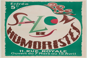 Ein Plakat, das ein Humoristen-Salon in Paris, Frankreich, bewirbt, mit Text, der die Angebote des Salons beschreibt.