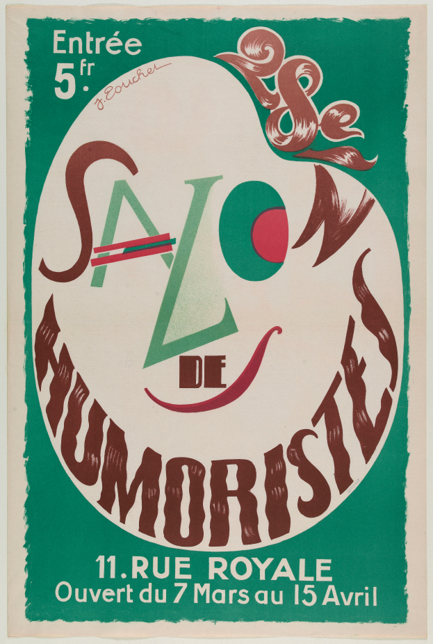 Ein Plakat, das ein Humoristen-Salon in Paris, Frankreich, bewirbt, mit Text, der die Angebote des Salons beschreibt.