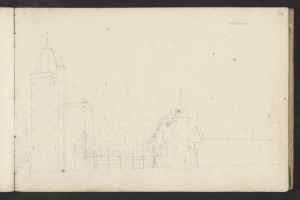 Ein aufgeschlagenes Buch mit dem Titel "Johannes Vermeulens Skizze der Stadt Heidelberg, Deutschland" zeigt eine Zeichnung eines von Bäumen umgebenen Schlosses.