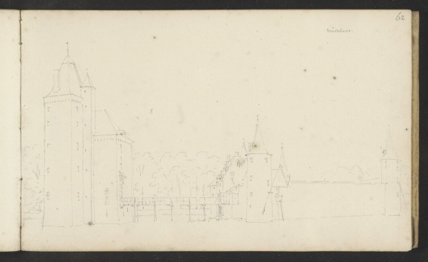 Ein aufgeschlagenes Buch mit dem Titel "Johannes Vermeulens Skizze der Stadt Heidelberg, Deutschland" zeigt eine Zeichnung eines von Bäumen umgebenen Schlosses.