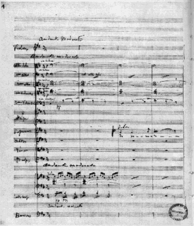 Ein schwarzes und weißes Notenblatt mit der Aufschrift "Johann Sebastian Bach - Symphony No. 4 in G Major, Op. 63 - Partition - Di-Arezzo Co UK" mit einem Stempel in der rechten unteren Ecke.