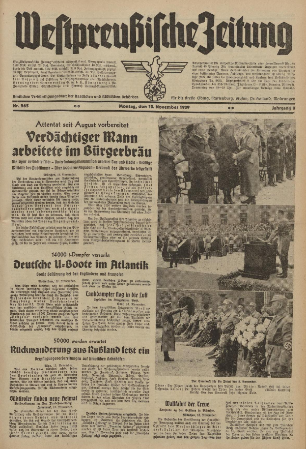 Titelseite einer deutschen Zeitung vom 13. November 1939 mit der Überschrift 'Weitpreubliche Zeitung', die eine Gruppe von Menschen in traditioneller deutscher Kleidung in einer feierlichen Umgebung zeigt.