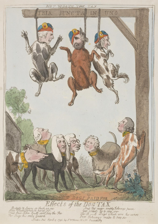 Ein Blatt mit einer Zeichnung einer Gruppe von Menschen und Tieren, darunter ein Hund, der an einem Holzpfahl hängt, und einigen Schriften, die wahrscheinlich die Auswirkungen der Hundesteuer beschreiben.