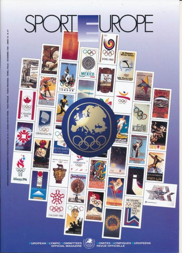 Ein Buchumschlag mit dem Titel "Sporting Europe" in leuchtenden Farben und detaillierten Designs, der verschiedene Olympische Symbole und Designs zeigt, die mit den Olympischen Spielen in Europa in Verbindung stehen.