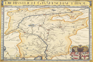 Eine detaillierte Karte der ersten deutschen Grafschaft Tirol mit geografischen Elementen wie Flüssen, Bergen und Städten sowie begleitendem Text und Bildern.