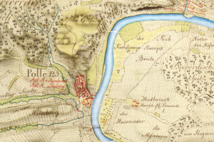 Ein detaillierter alter Stadtplan von Polle, Deutschland, mit Straßen, Gebäuden und einem Fluss, der durch die Stadt verläuft.