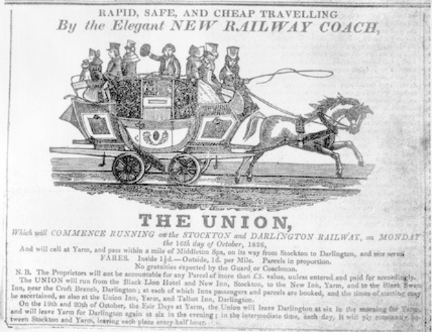 Schwarze und weiße Zeitungsanzeige für die Union, die eine von Pferden gezogene Kutsche zeigt, die eine Gruppe von Menschen trägt.