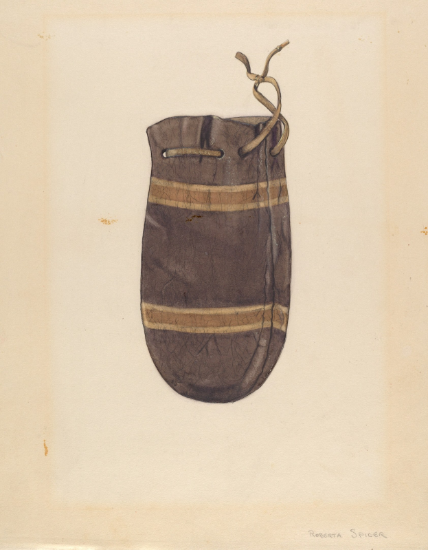 Eine braune Papiertüte mit Henkel und Frontreißverschluss, gezeichnet auf einem Blatt Papier mit handgeschriebener Text.