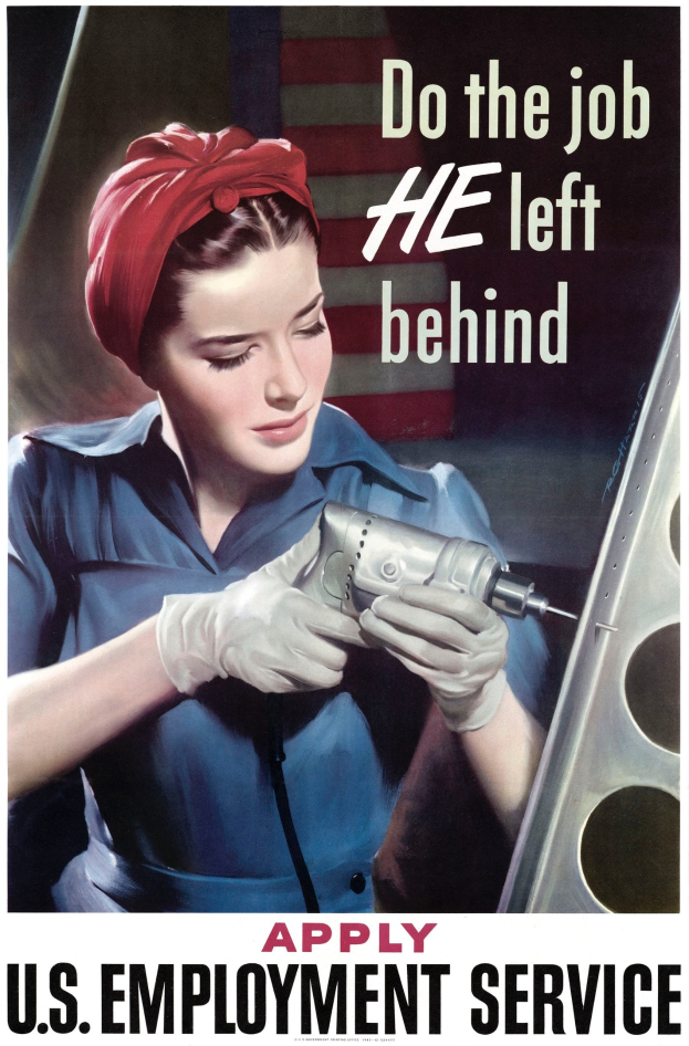 Plakat mit einer Frau in einem blauen Kleid und rotem Turban, die eine Bohrmaschine hält, mit Text, der zur Bewerbung beim U.S. Employment Service aufruft.