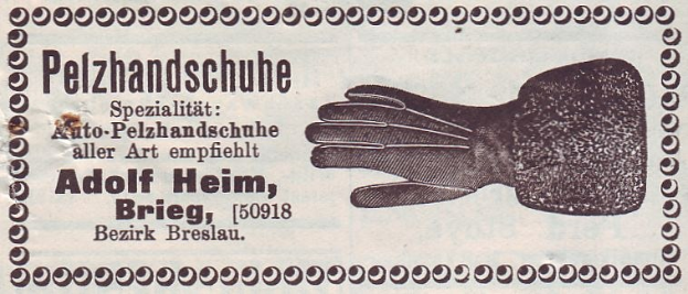 Eine alte deutsche Visitenkarte mit einem Handschuhpaar und beschreibendem Text.