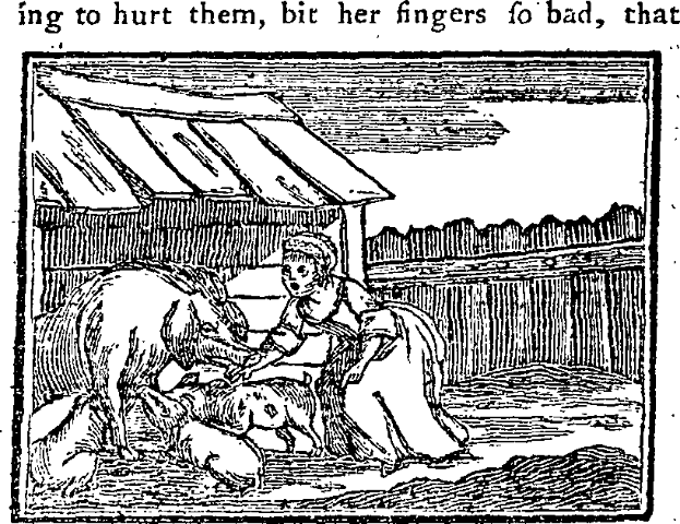 Eine Schwarz-Weiß-Zeichnung einer Frau, die neben einem Hund auf dem Boden sitzt, mit einer Hütte im Hintergrund und Text oben und unten mit der Aufschrift "Ing zu verletzen, biss ihre Finger zu schlimm, das".