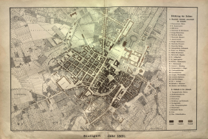 Ein detailliertes Stadtplan von Stuttgart, Deutschland, mit Text, der einen Überblick über das Gebiet gibt.