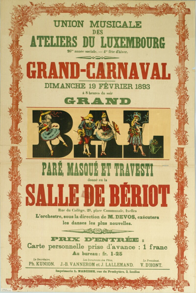 Ein altes Plakat, das ein großes Karnevalsfest in Paris, Frankreich, ankündigt, mit einer farbenfrohen Illustration von lächelnden Menschen in traditionellen Kostümen auf einem hellgelben Hintergrund mit einer Überschrift, die 'Großer Karneval' lautet.
