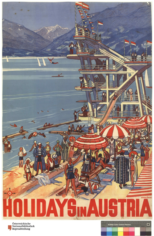 Ein Plakat, das Urlaube in Österreich bewirbt, zeigt Menschen am Strand mit Schirmen, ein Schiff im Hintergrund, Fahnen und entfernte Berge.