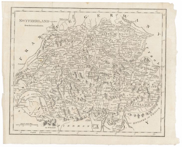 Ein detaillierter alter Stadtplan von der Schweiz und Deutschland, der geographische Elemente wie Flüsse, Berge und Städte zeigt, mit Text in einer klassischen Schriftart.